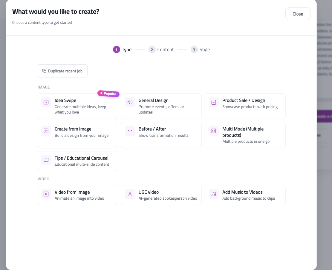 Create job modal showing available job types and steps