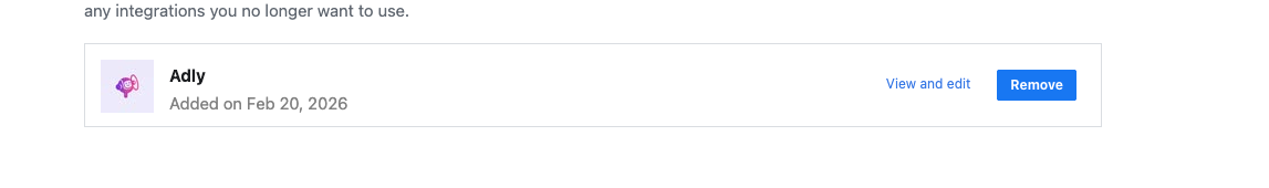 Facebook business integrations showing Adly with remove button
