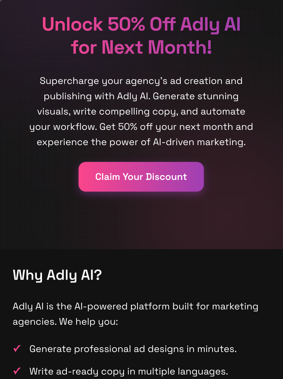 Generated landing page preview with headline, CTA, and content sections