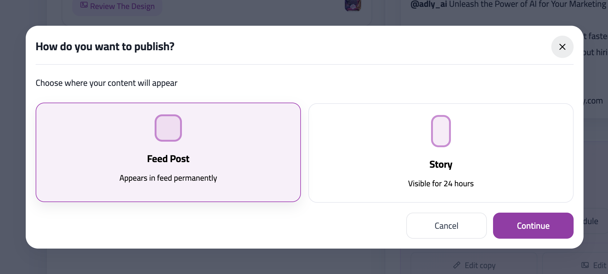 Publish modal choosing feed post or story