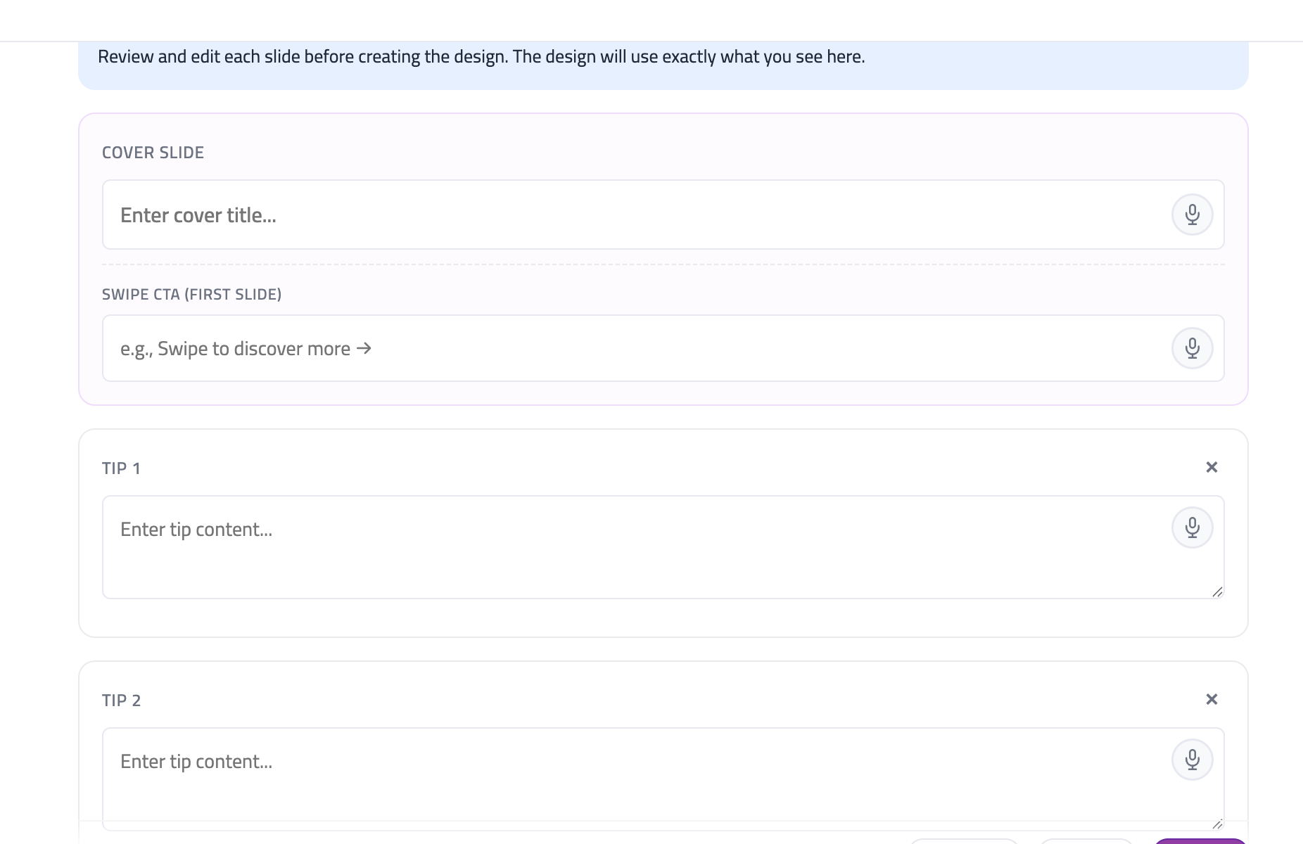 Carousel slide editor with cover and tip fields