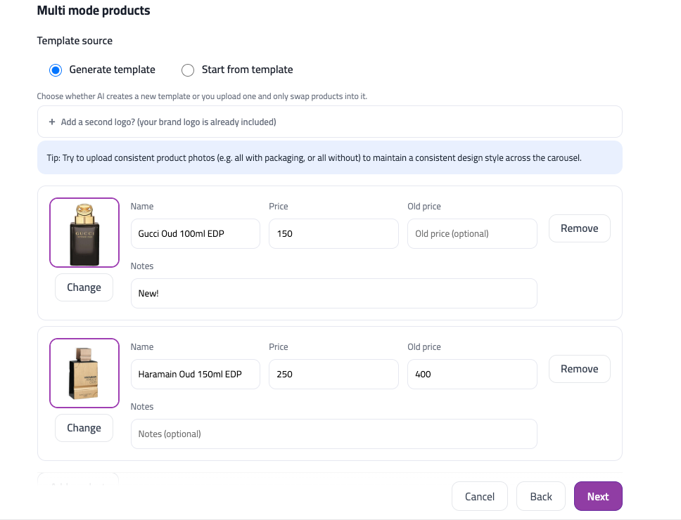 Multi Mode products setup with multiple product rows and prices