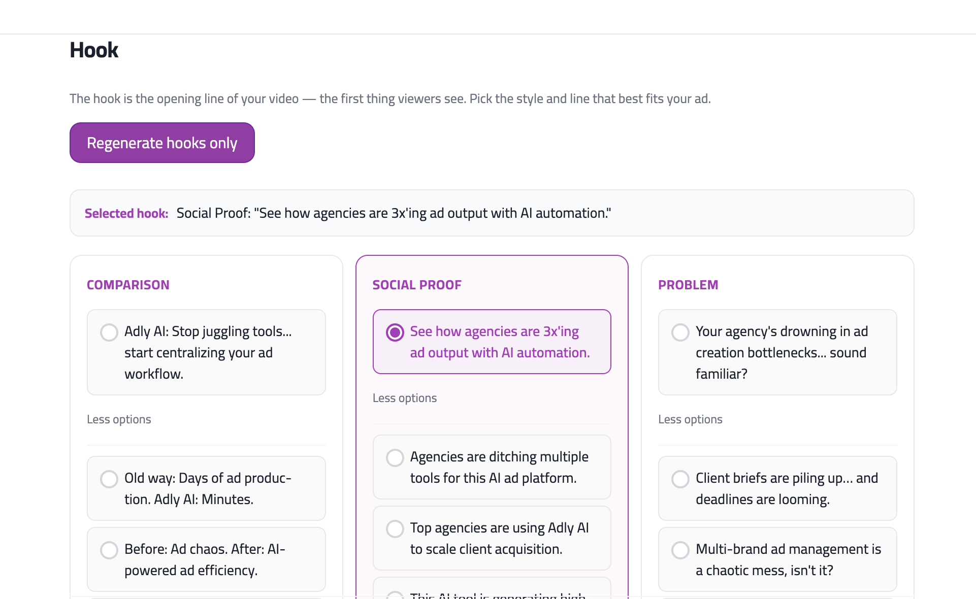 UGC hook step choosing opening line style and hook options