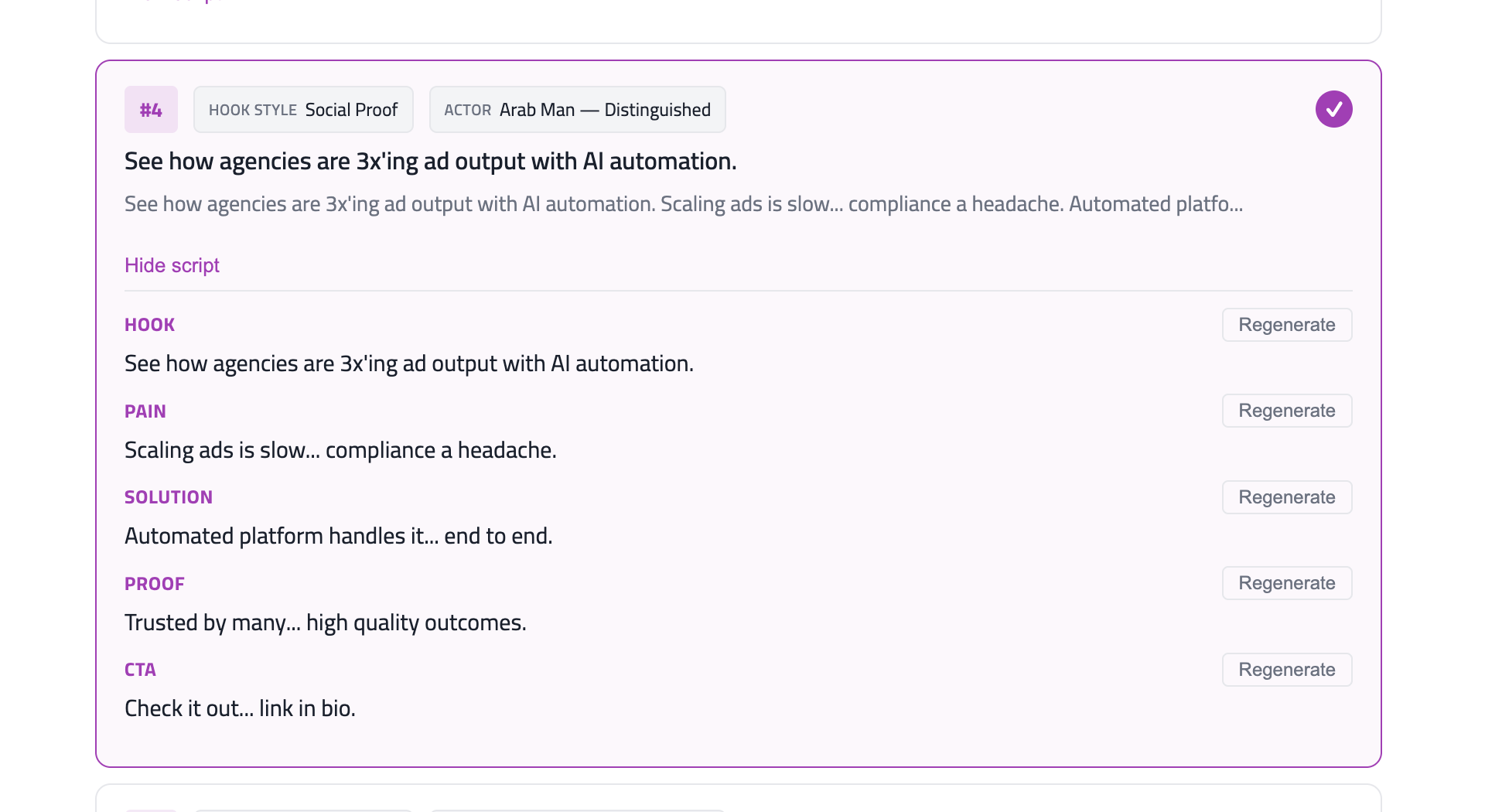 UGC selected script card with hook, pain, solution, proof, and CTA blocks