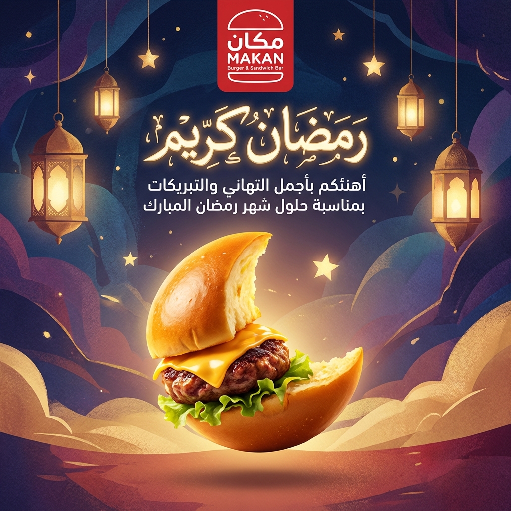 برغر جبن على شكل هلال مع فانوس مضيئة ونص رمضاني باللغة العربية.