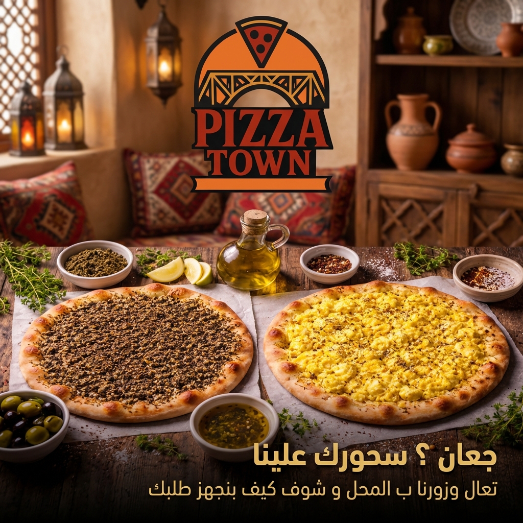 فطيرتان مخبوزتان مع إضافات مختلفة على طاولة خشبية إلى جانب التوابل والزيت مع نص عربي في الأسفل.